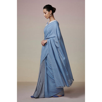 Dressfolk Handwoven Grey and Ink Blue Handloom 100% Pure Cotton Saree with Tassel Border