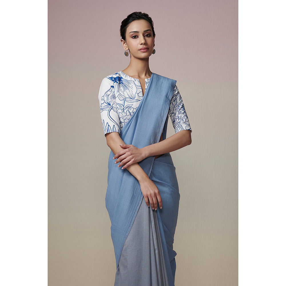 Dressfolk Handwoven Grey and Ink Blue Handloom 100% Pure Cotton Saree with Tassel Border