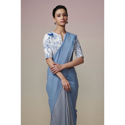 Dressfolk Handwoven Grey and Ink Blue Handloom 100% Pure Cotton Saree with Tassel Border