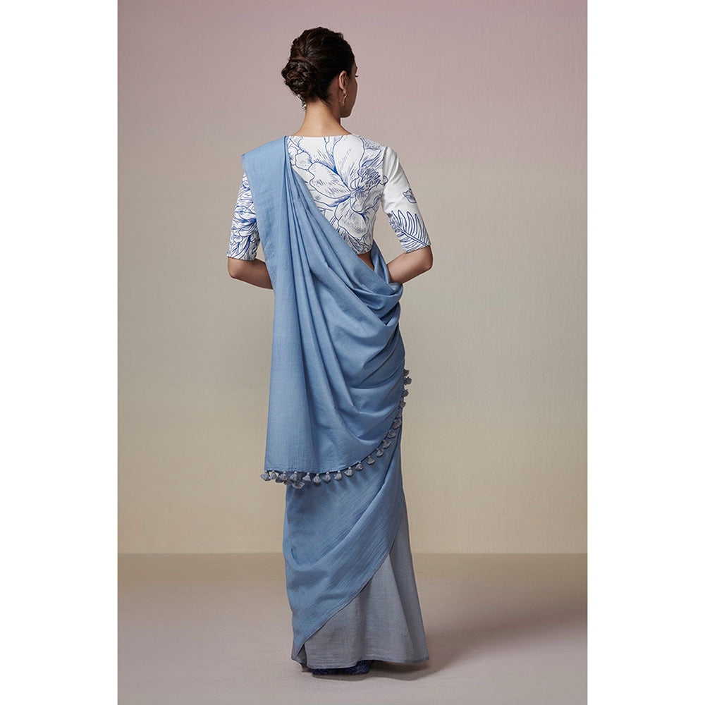 Dressfolk Handwoven Grey and Ink Blue Handloom 100% Pure Cotton Saree with Tassel Border