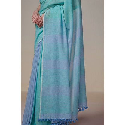 Dressfolk Handwoven Turquoise and Ink Blue Handloom 100% Pure Cotton Saree with Tassel Border