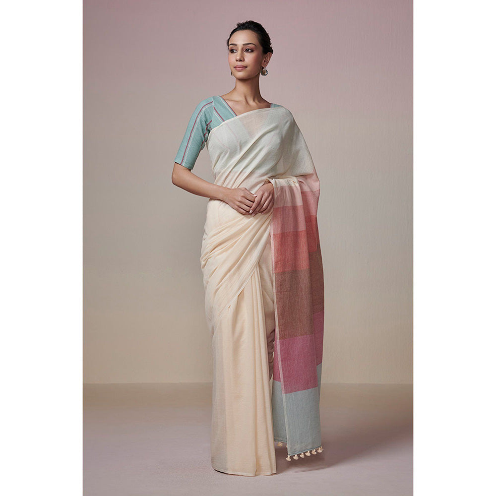 Dressfolk Handwoven Ivory with Colorful Stripes Palla Handloom 100% Cotton Saree with Tassel Border