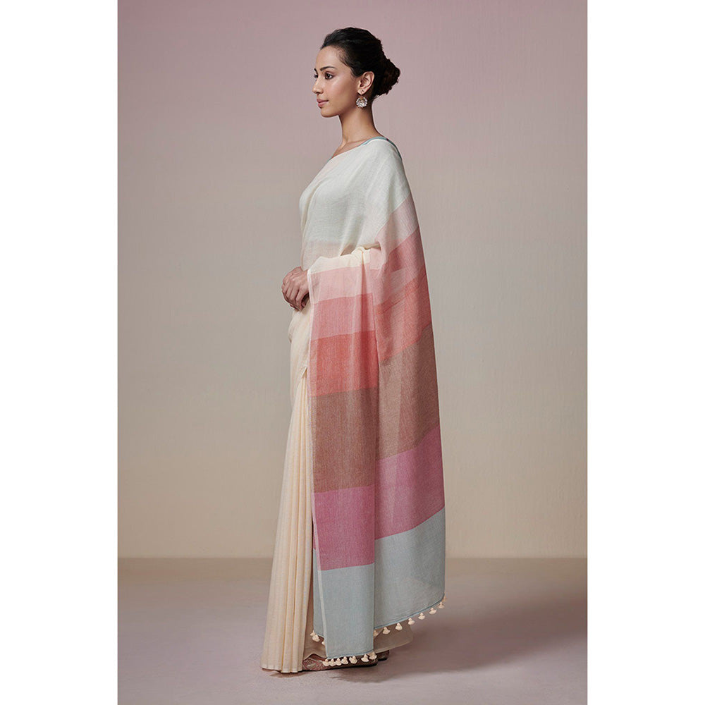 Dressfolk Handwoven Ivory with Colorful Stripes Palla Handloom 100% Cotton Saree with Tassel Border
