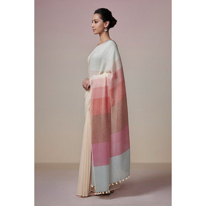 Dressfolk Handwoven Ivory with Colorful Stripes Palla Handloom 100% Cotton Saree with Tassel Border