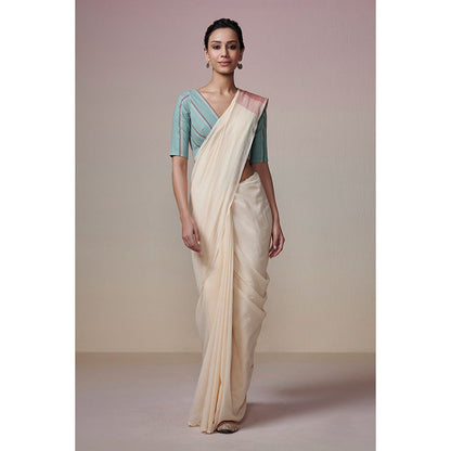 Dressfolk Handwoven Ivory with Colorful Stripes Palla Handloom 100% Cotton Saree with Tassel Border