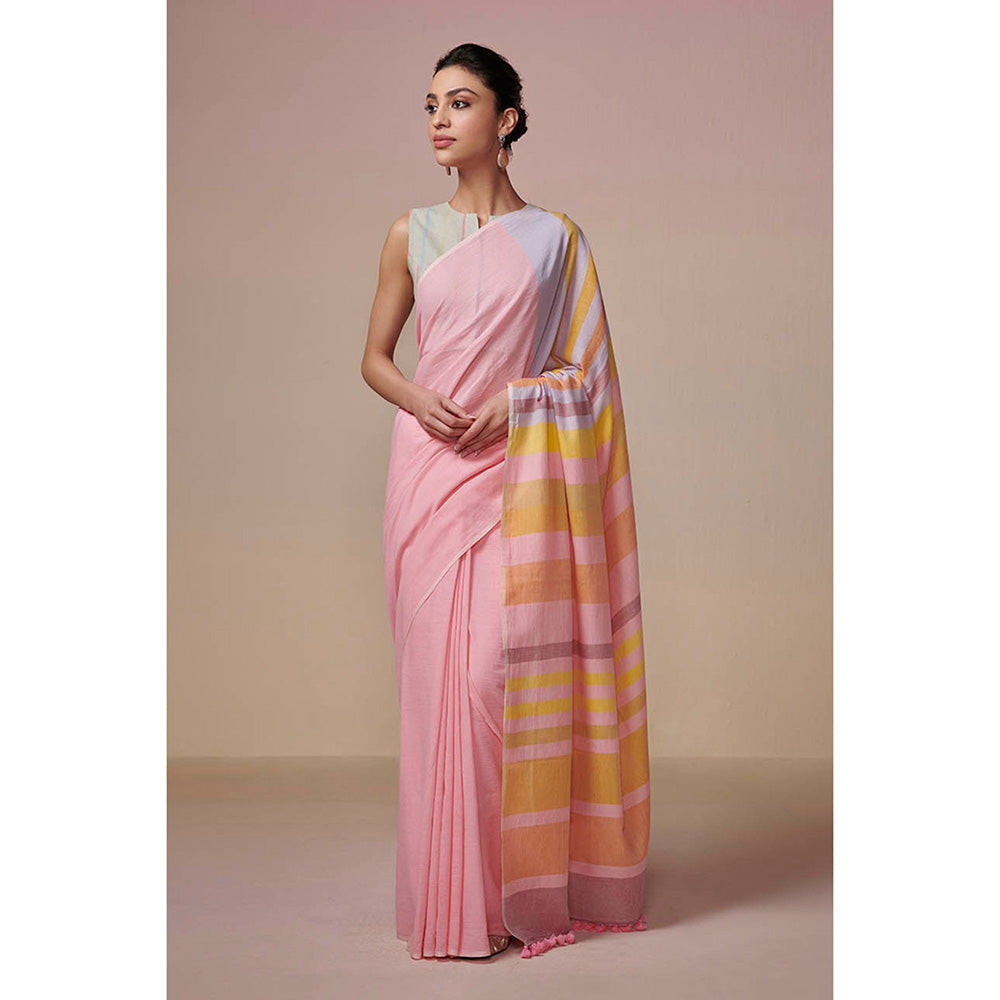 Dressfolk Handwoven Fresh Pink with Colorful Stripes Handloom 100% Cotton Saree with Tassel Border