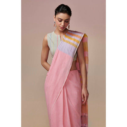 Dressfolk Handwoven Fresh Pink with Colorful Stripes Handloom 100% Cotton Saree with Tassel Border