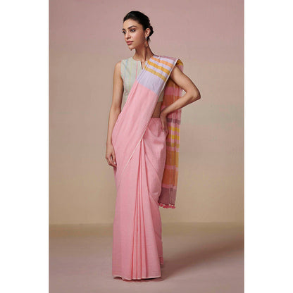 Dressfolk Handwoven Fresh Pink with Colorful Stripes Handloom 100% Cotton Saree with Tassel Border