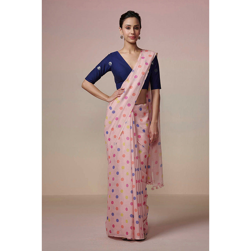 Dressfolk Handwoven Powder Pink with Colorful Printed Polka Dot Handloom 100% Pure Cotton Saree