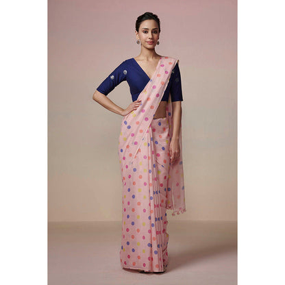 Dressfolk Handwoven Powder Pink with Colorful Printed Polka Dot Handloom 100% Pure Cotton Saree