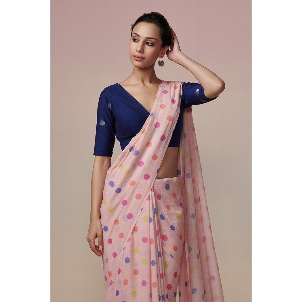 Dressfolk Handwoven Powder Pink with Colorful Printed Polka Dot Handloom 100% Pure Cotton Saree