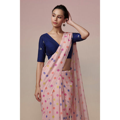 Dressfolk Handwoven Powder Pink with Colorful Printed Polka Dot Handloom 100% Pure Cotton Saree