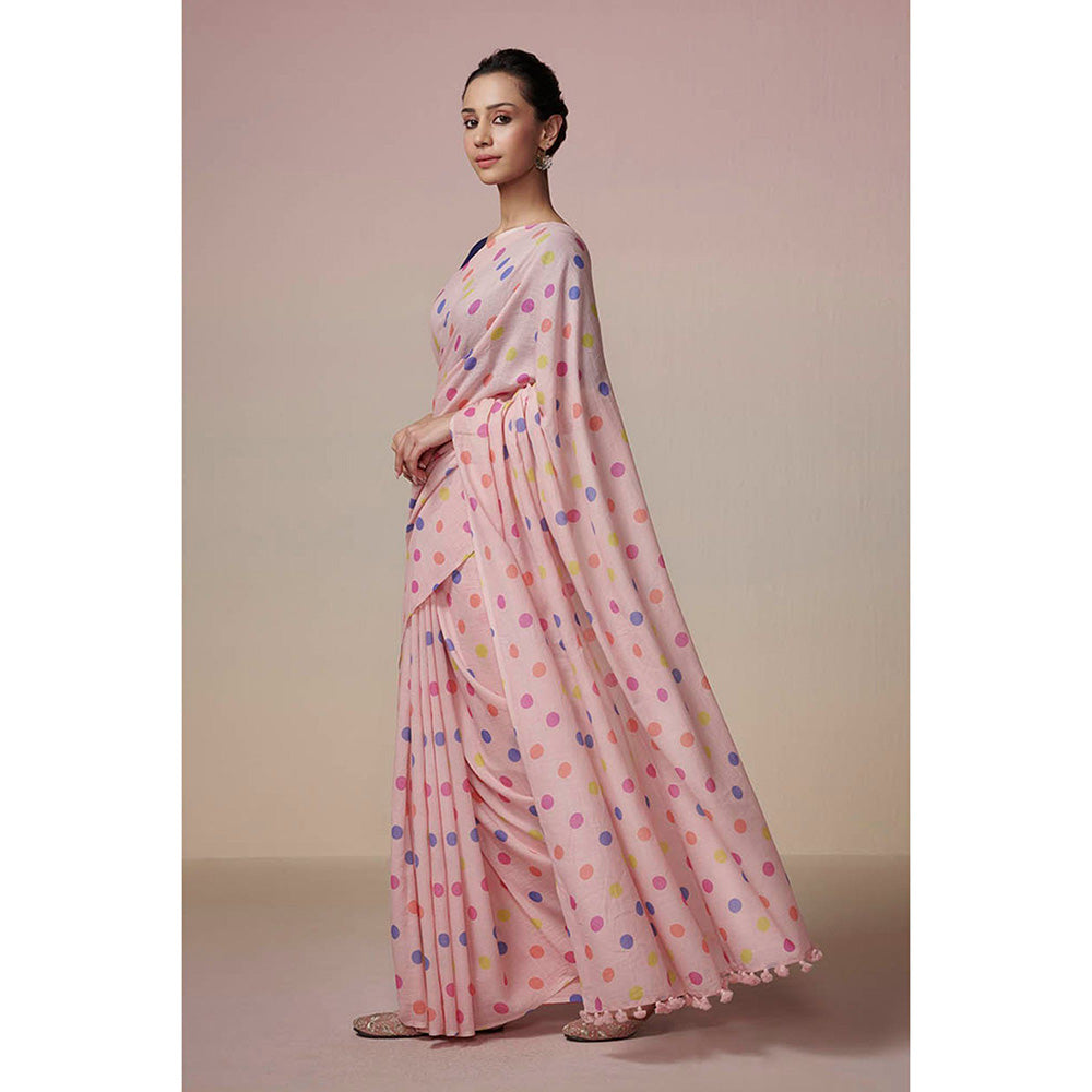 Dressfolk Handwoven Powder Pink with Colorful Printed Polka Dot Handloom 100% Pure Cotton Saree