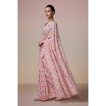 Dressfolk Handwoven Powder Pink with Colorful Printed Polka Dot Handloom 100% Pure Cotton Saree