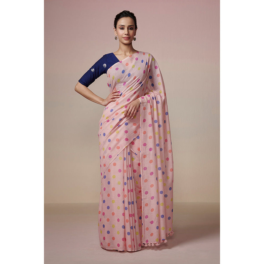 Dressfolk Handwoven Powder Pink with Colorful Printed Polka Dot Handloom 100% Pure Cotton Saree