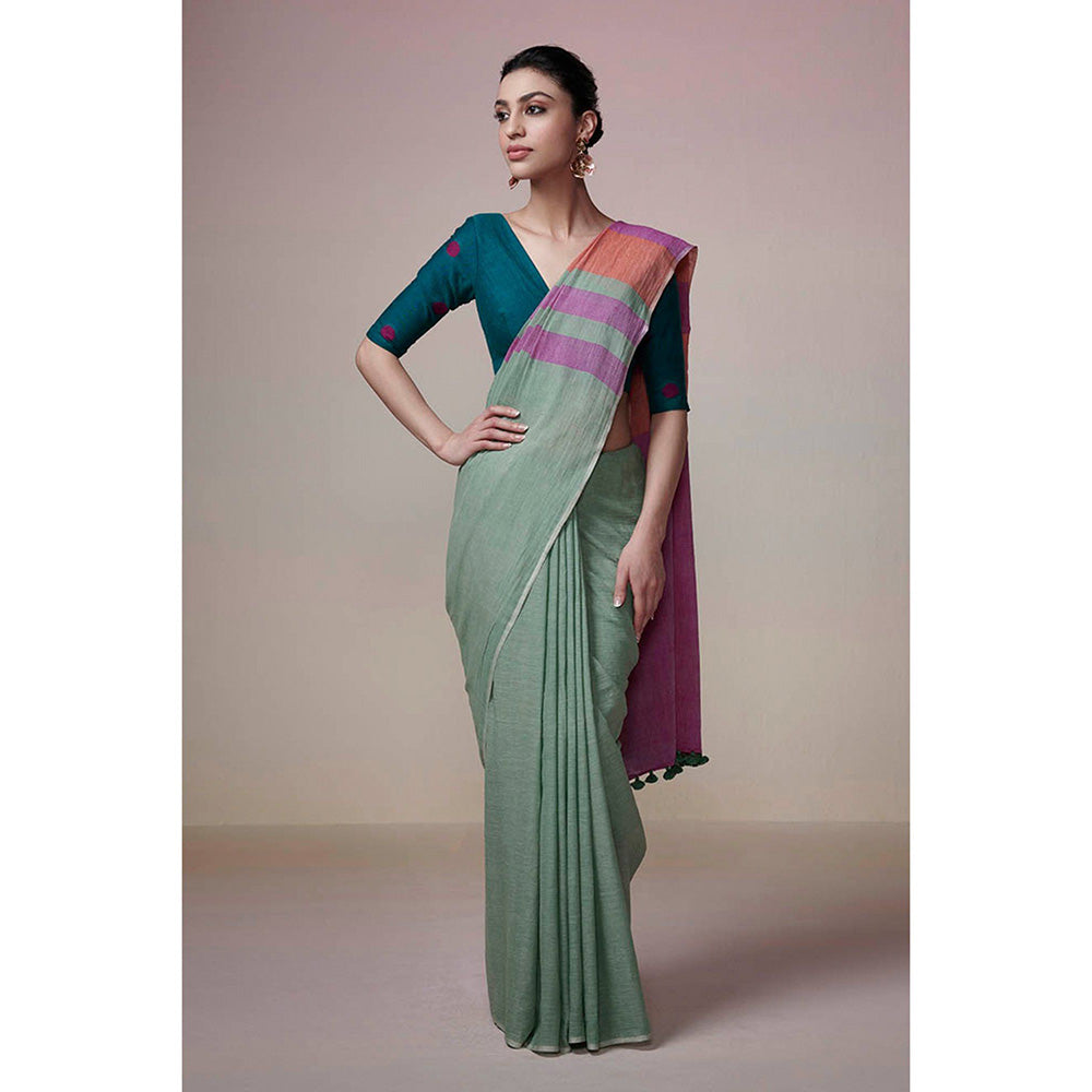 Dressfolk Handwoven Green with Bright Magenta & Orange Stripes Handloom Cotton Saree with Tassel