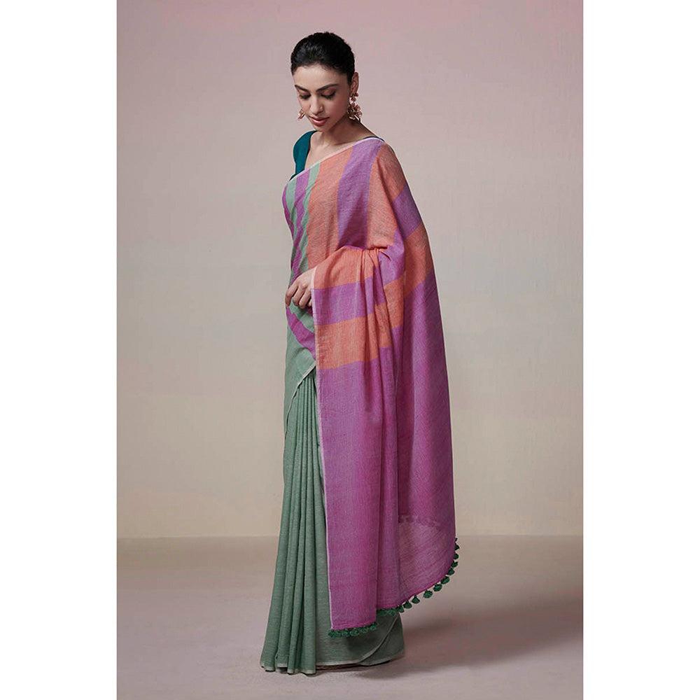 Dressfolk Handwoven Green with Bright Magenta & Orange Stripes Handloom Cotton Saree with Tassel