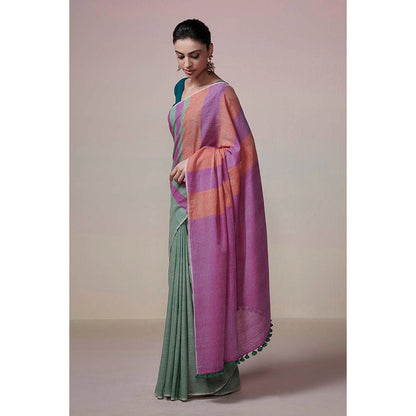 Dressfolk Handwoven Green with Bright Magenta & Orange Stripes Handloom Cotton Saree with Tassel