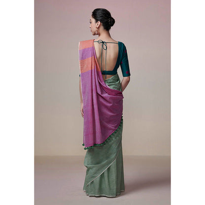 Dressfolk Handwoven Green with Bright Magenta & Orange Stripes Handloom Cotton Saree with Tassel