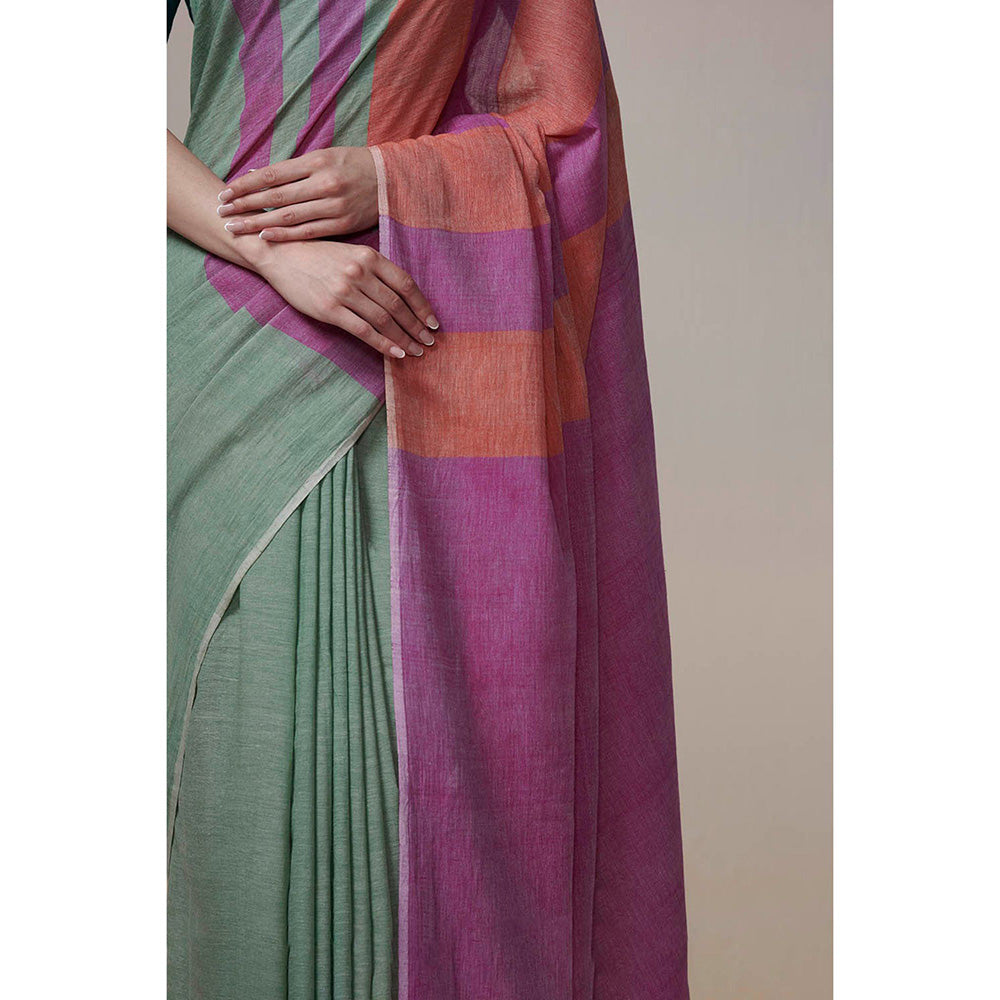 Dressfolk Handwoven Green with Bright Magenta & Orange Stripes Handloom Cotton Saree with Tassel