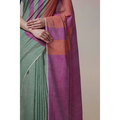 Dressfolk Handwoven Green with Bright Magenta & Orange Stripes Handloom Cotton Saree with Tassel