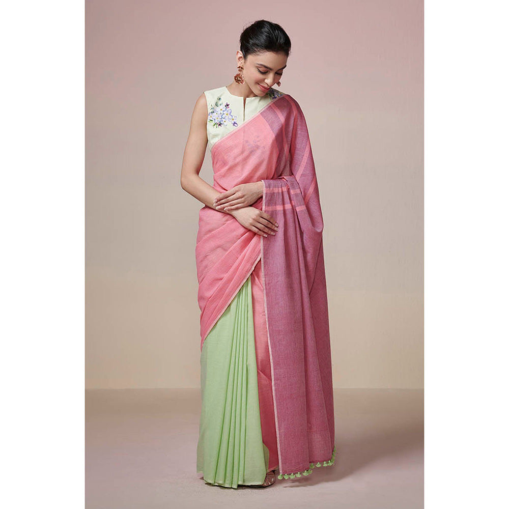 Dressfolk Handwoven Mint Green with Light & Dark Pink Handloom 100% Cotton Saree with Tassel Border