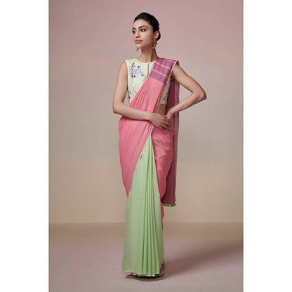 Dressfolk Handwoven Mint Green with Light & Dark Pink Handloom 100% Cotton Saree with Tassel Border