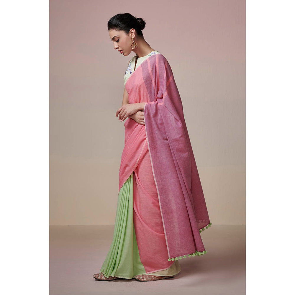 Dressfolk Handwoven Mint Green with Light & Dark Pink Handloom 100% Cotton Saree with Tassel Border