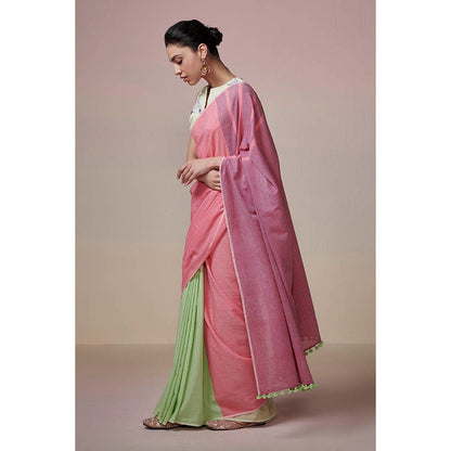 Dressfolk Handwoven Mint Green with Light & Dark Pink Handloom 100% Cotton Saree with Tassel Border