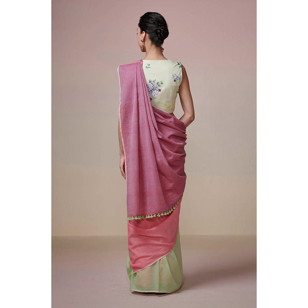 Dressfolk Handwoven Mint Green with Light & Dark Pink Handloom 100% Cotton Saree with Tassel Border