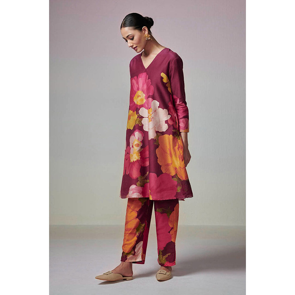 Dressfolk Maroon Floral Chanderi Co-Ord (Set of 2)