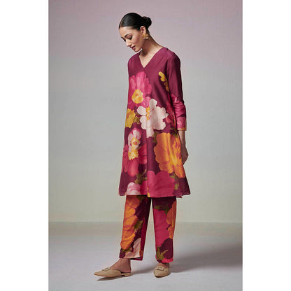 Dressfolk Maroon Floral Chanderi Co-Ord (Set of 2)