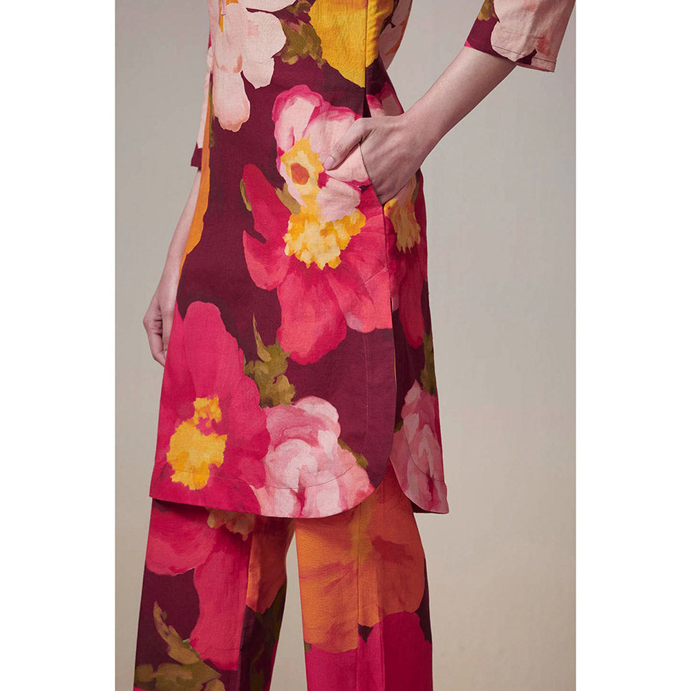 Dressfolk Maroon Floral Linen- Cotton Co-Ord (Set of 2)