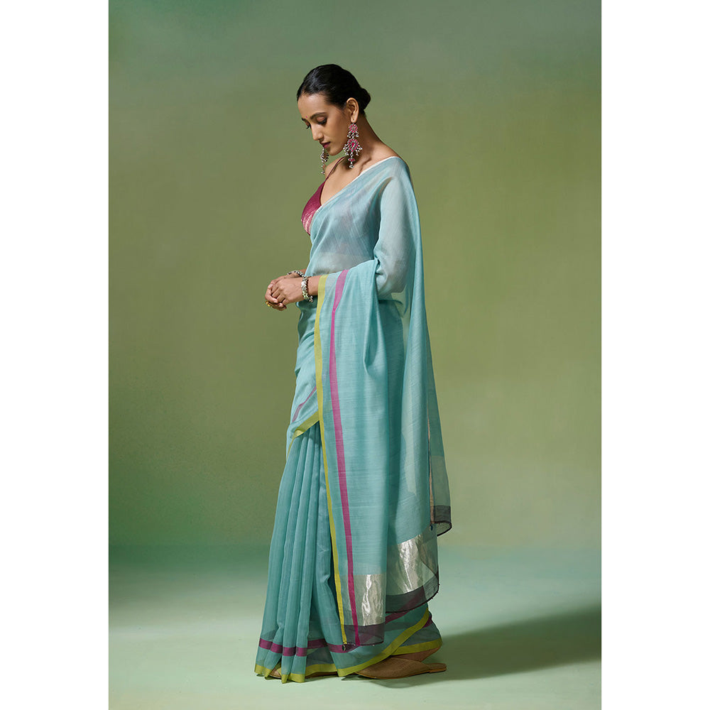 Dressfolk Handloom Chanderi Aqua Blue With Magenta And Lime Stripe Saree with Unstitched Blouse