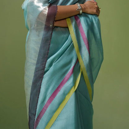 Dressfolk Handloom Chanderi Aqua Blue With Magenta And Lime Stripe Saree with Unstitched Blouse