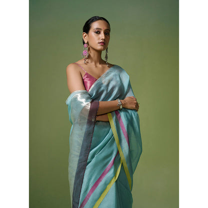 Dressfolk Handloom Chanderi Aqua Blue With Magenta And Lime Stripe Saree with Unstitched Blouse