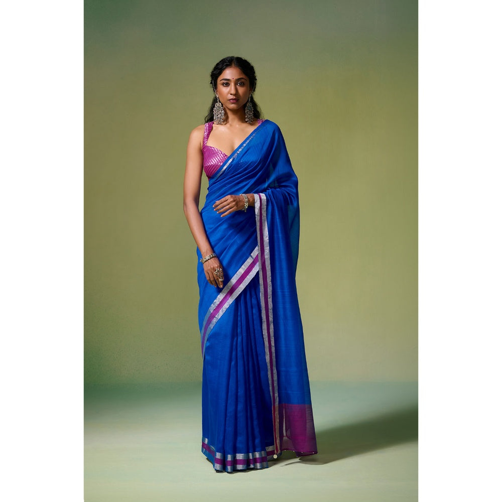 Dressfolk Handloom Chanderi Royal Blue Magenta Pink Silver Zari Saree with Unstitched Blouse
