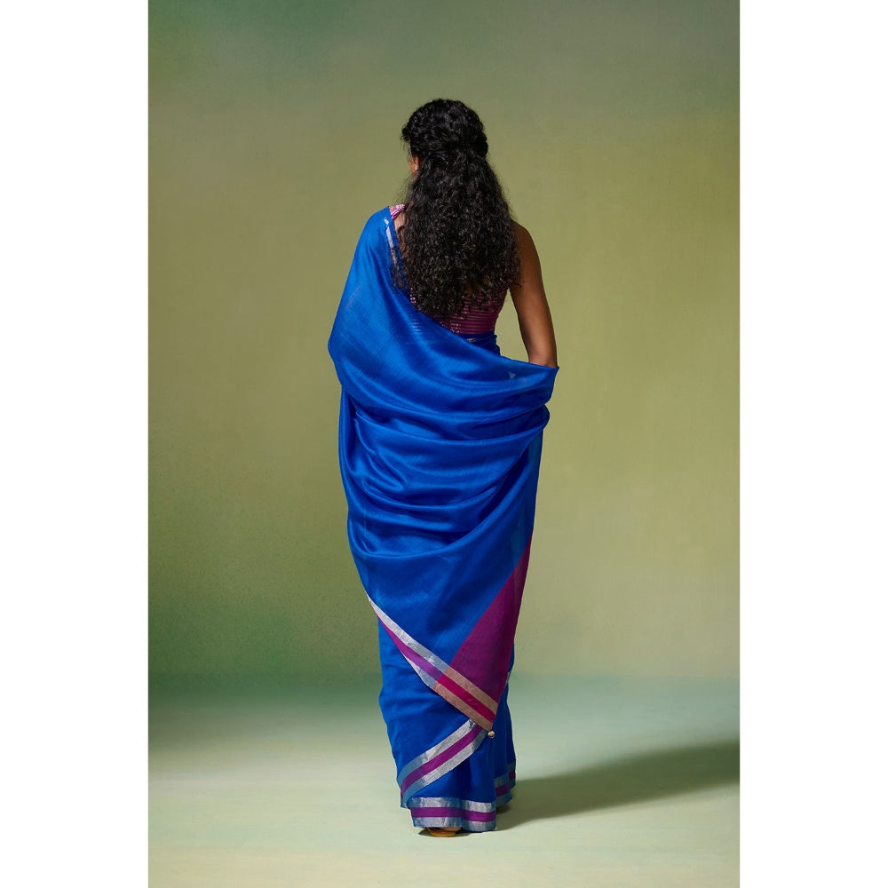Dressfolk Handloom Chanderi Royal Blue Magenta Pink Silver Zari Saree with Unstitched Blouse