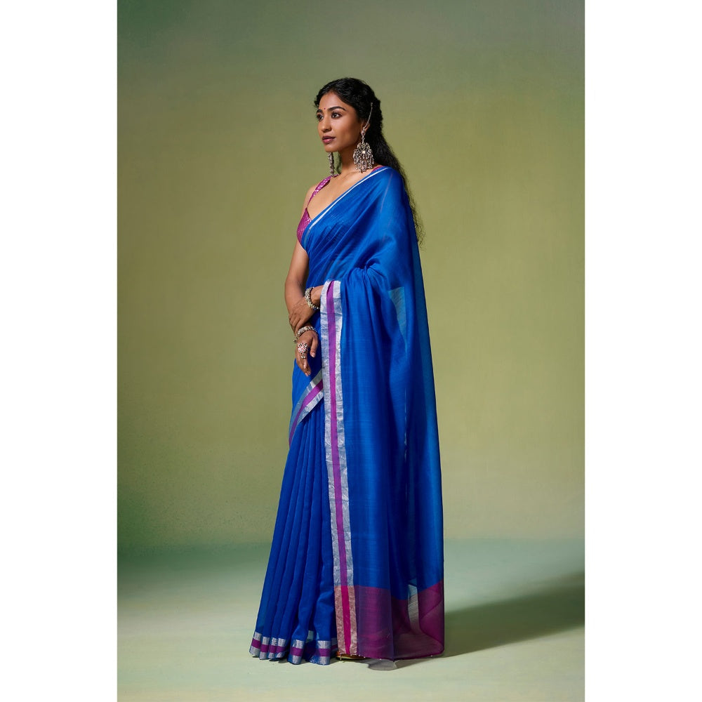 Dressfolk Handloom Chanderi Royal Blue Magenta Pink Silver Zari Saree with Unstitched Blouse