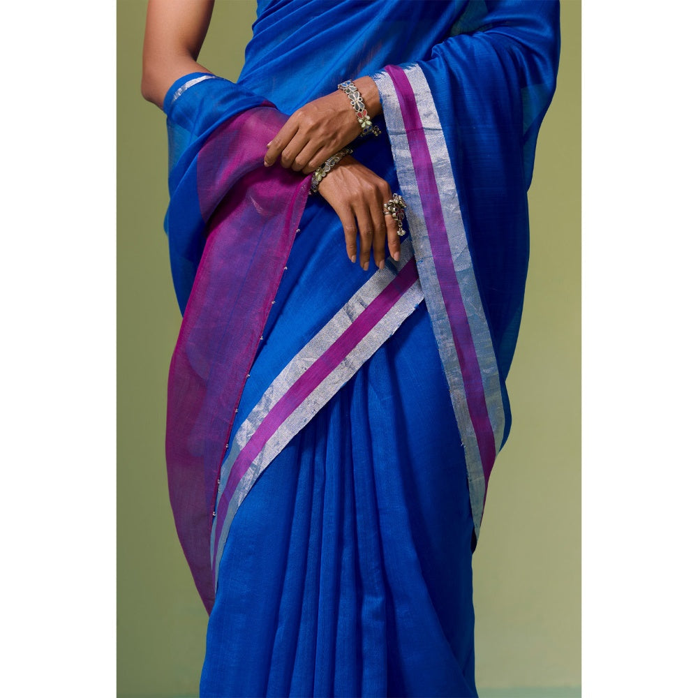Dressfolk Handloom Chanderi Royal Blue Magenta Pink Silver Zari Saree with Unstitched Blouse