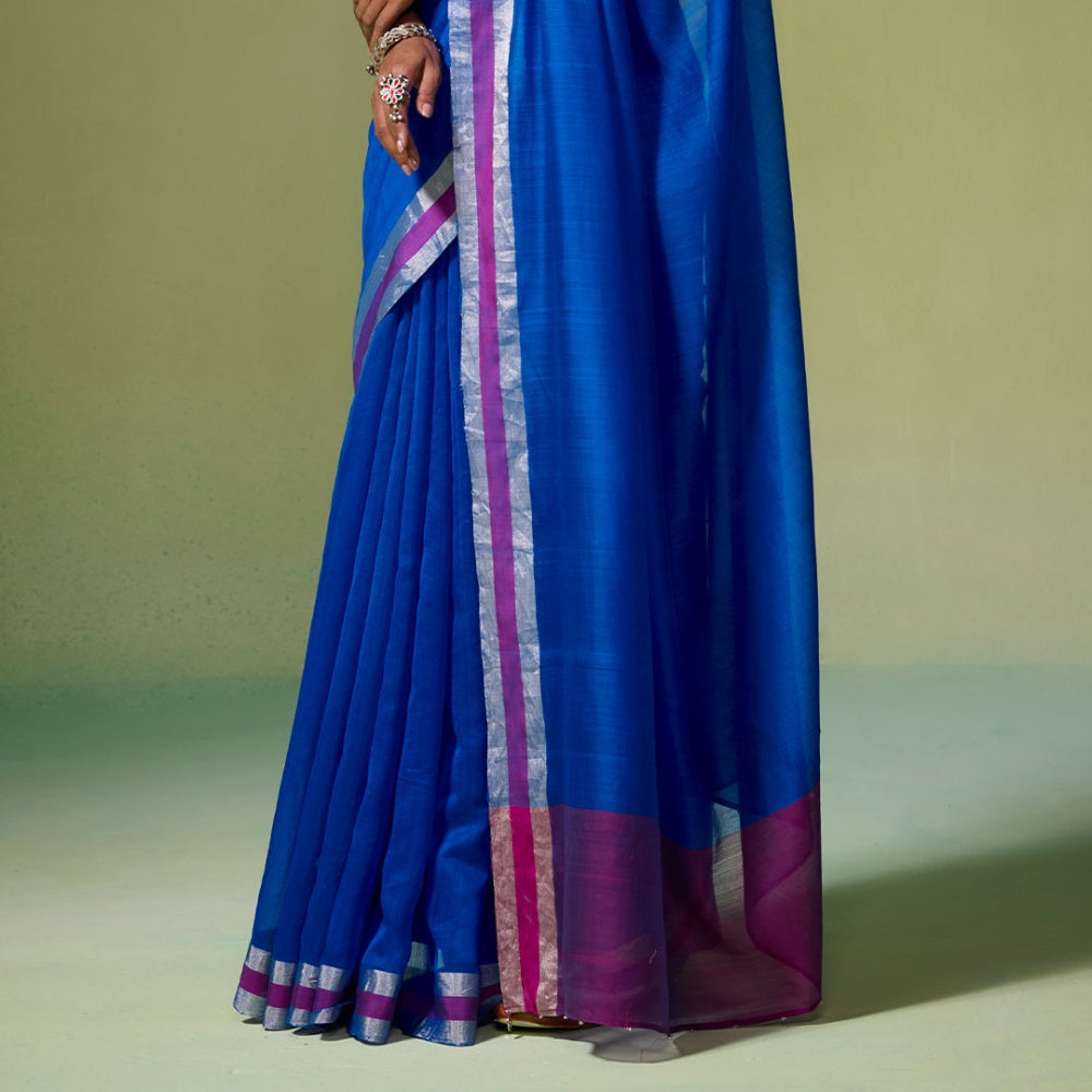 Dressfolk Handloom Chanderi Royal Blue Magenta Pink Silver Zari Saree with Unstitched Blouse