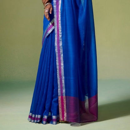 Dressfolk Handloom Chanderi Royal Blue Magenta Pink Silver Zari Saree with Unstitched Blouse