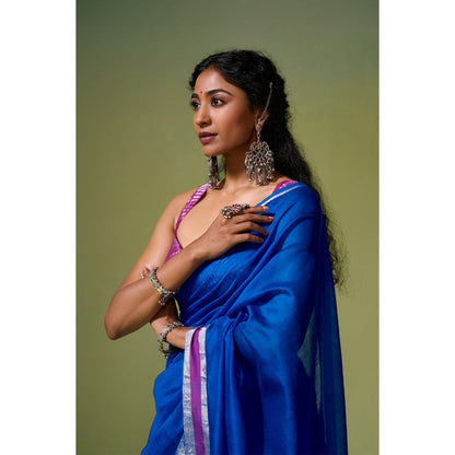 Dressfolk Handloom Chanderi Royal Blue Magenta Pink Silver Zari Saree with Unstitched Blouse