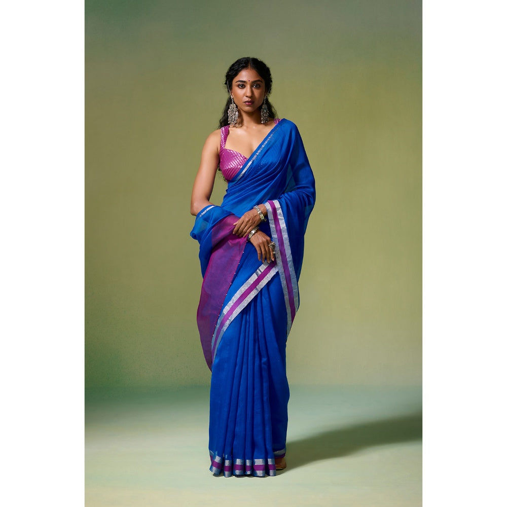 Dressfolk Handloom Chanderi Royal Blue Magenta Pink Silver Zari Saree with Unstitched Blouse
