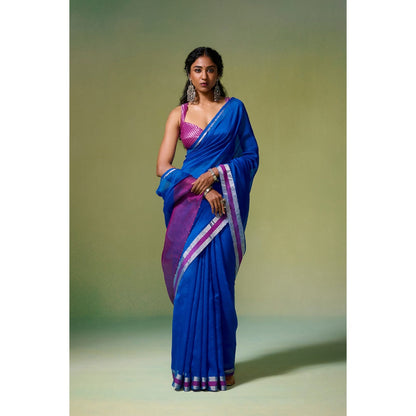 Dressfolk Handloom Chanderi Royal Blue Magenta Pink Silver Zari Saree with Unstitched Blouse