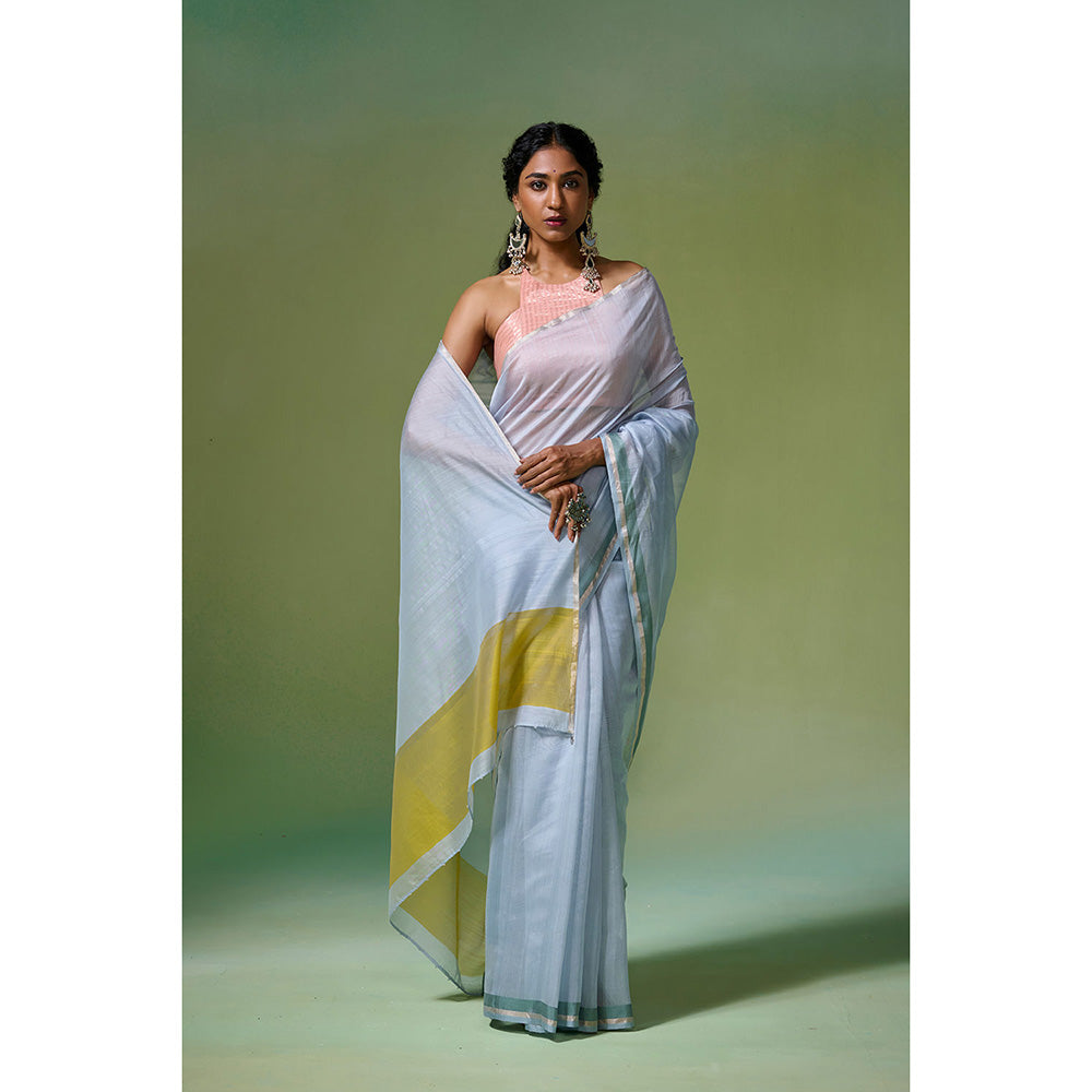 Dressfolk Handloom Chanderi Light Blue With Green Silk Stripe Saree with Unstitched Blouse