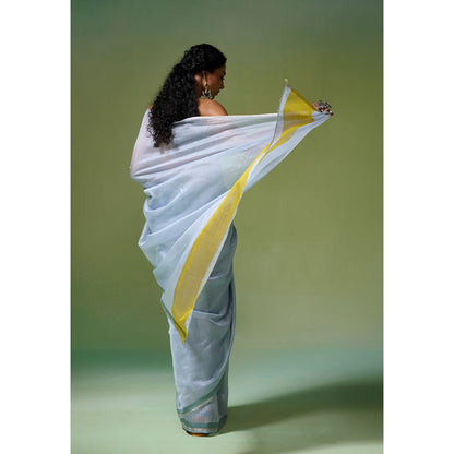 Dressfolk Handloom Chanderi Light Blue With Green Silk Stripe Saree with Unstitched Blouse