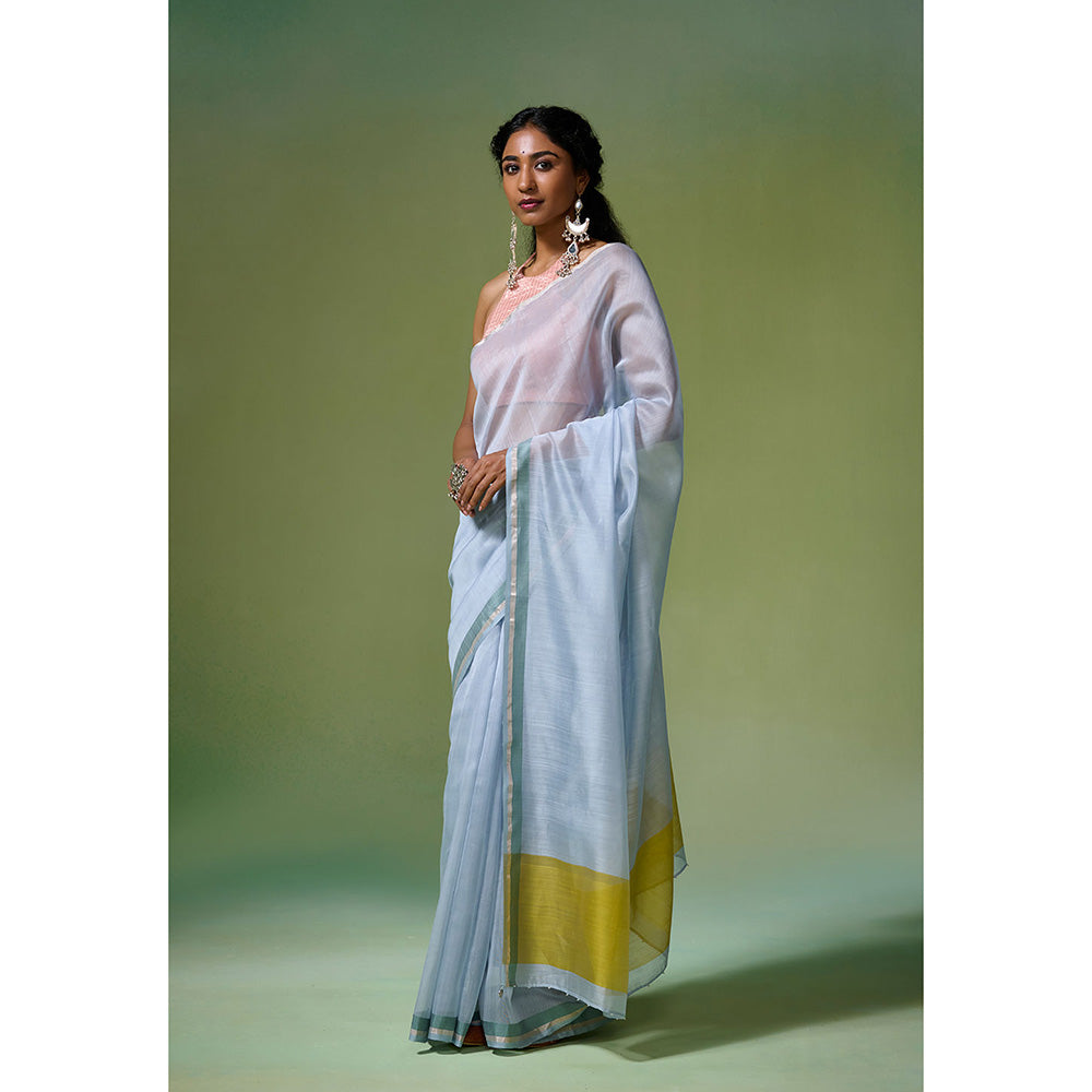 Dressfolk Handloom Chanderi Light Blue With Green Silk Stripe Saree with Unstitched Blouse
