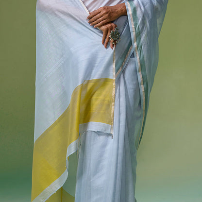Dressfolk Handloom Chanderi Light Blue With Green Silk Stripe Saree with Unstitched Blouse