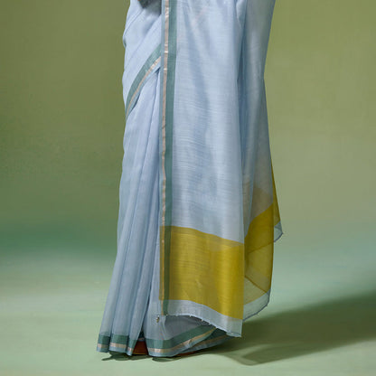 Dressfolk Handloom Chanderi Light Blue With Green Silk Stripe Saree with Unstitched Blouse